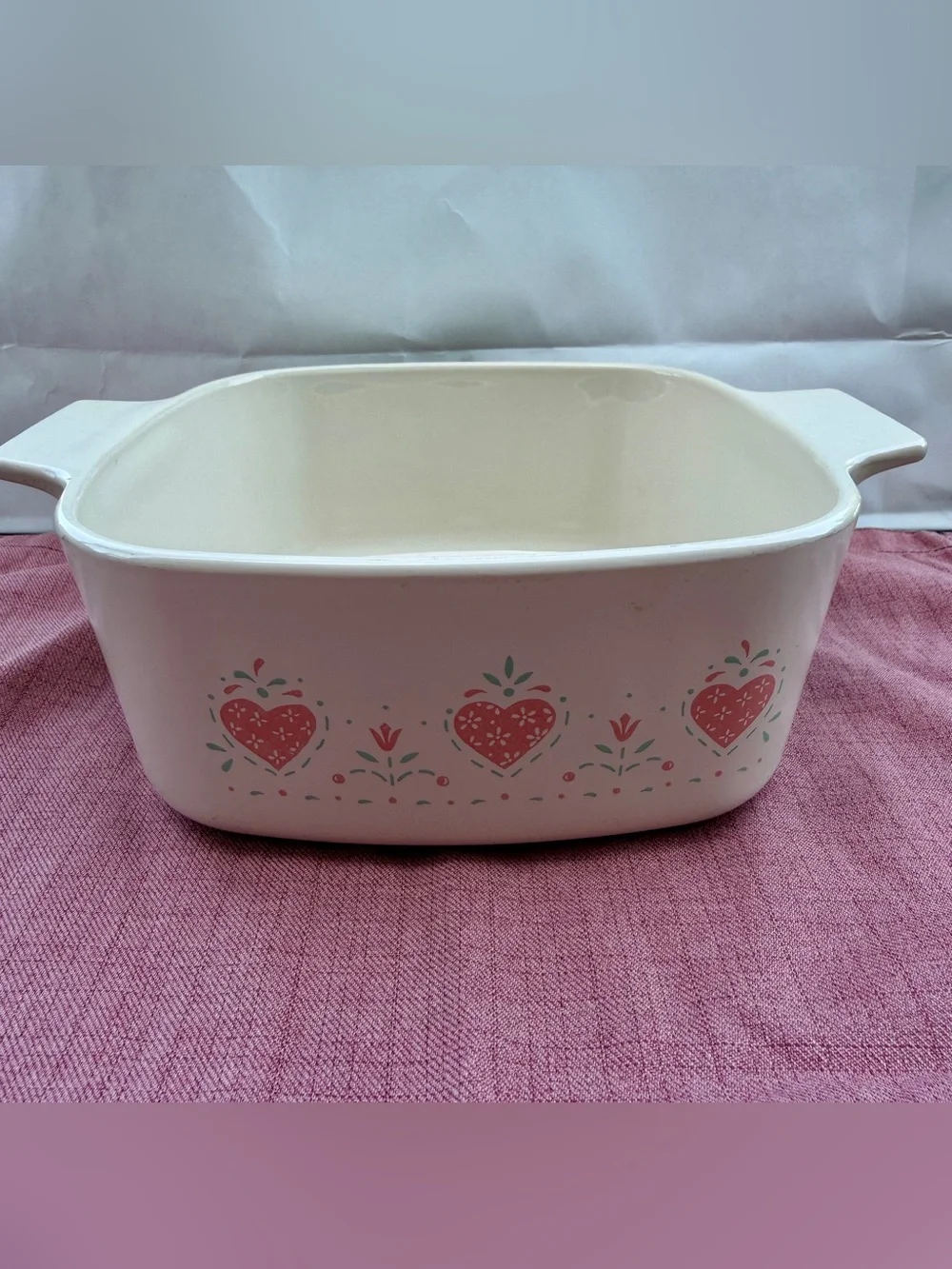 Corningware White Ceramic Casserole Dish with Pink Heart Motif